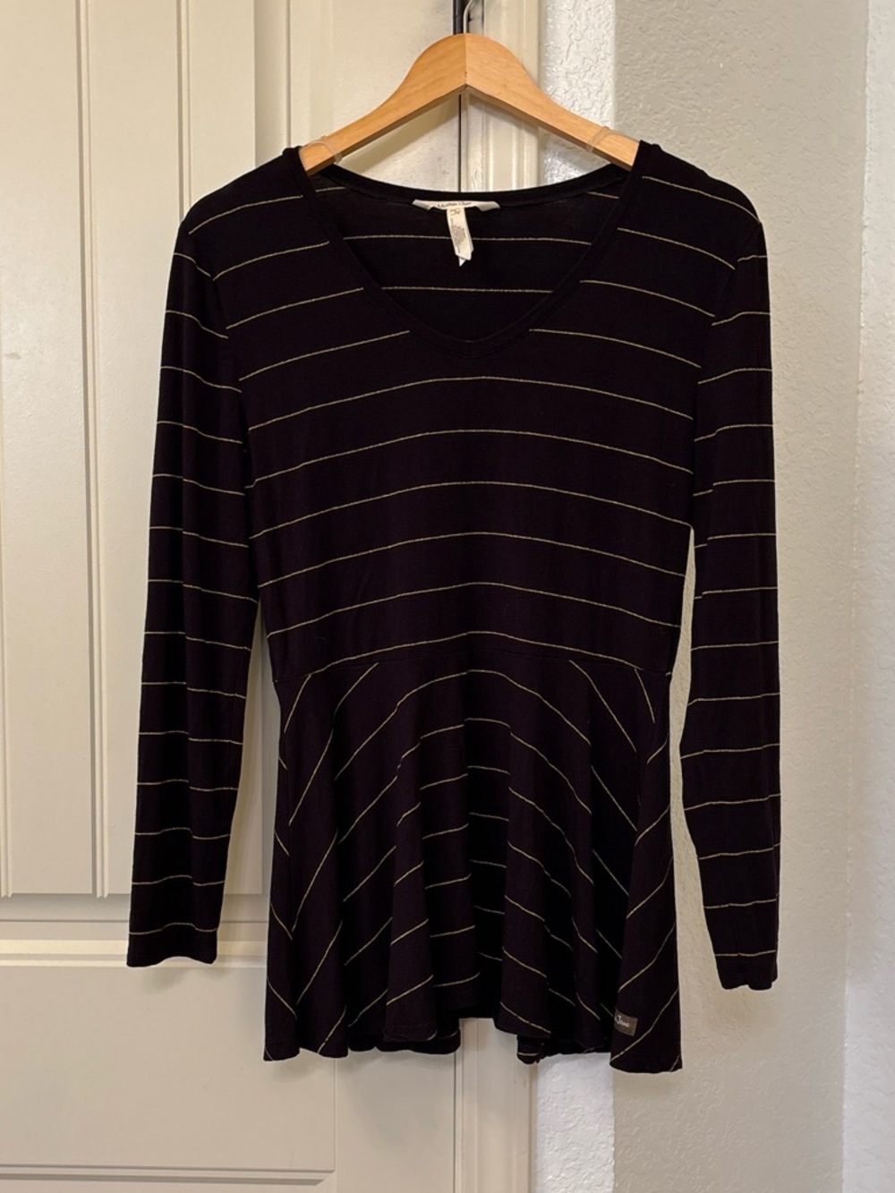 Matilda Jane Top Women Small Black Gold Stripe Peplum Long Sleeve Boutique